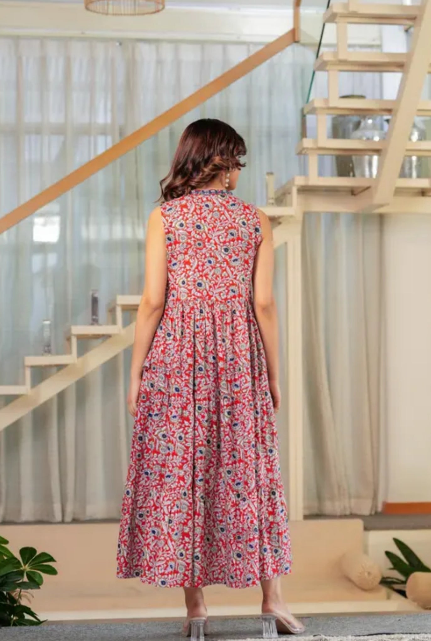Women Cotton Blend V Neck Printed Embroidery Sleeveless Full Length One Piece Western wear dress/Maxi dress /Gown dress