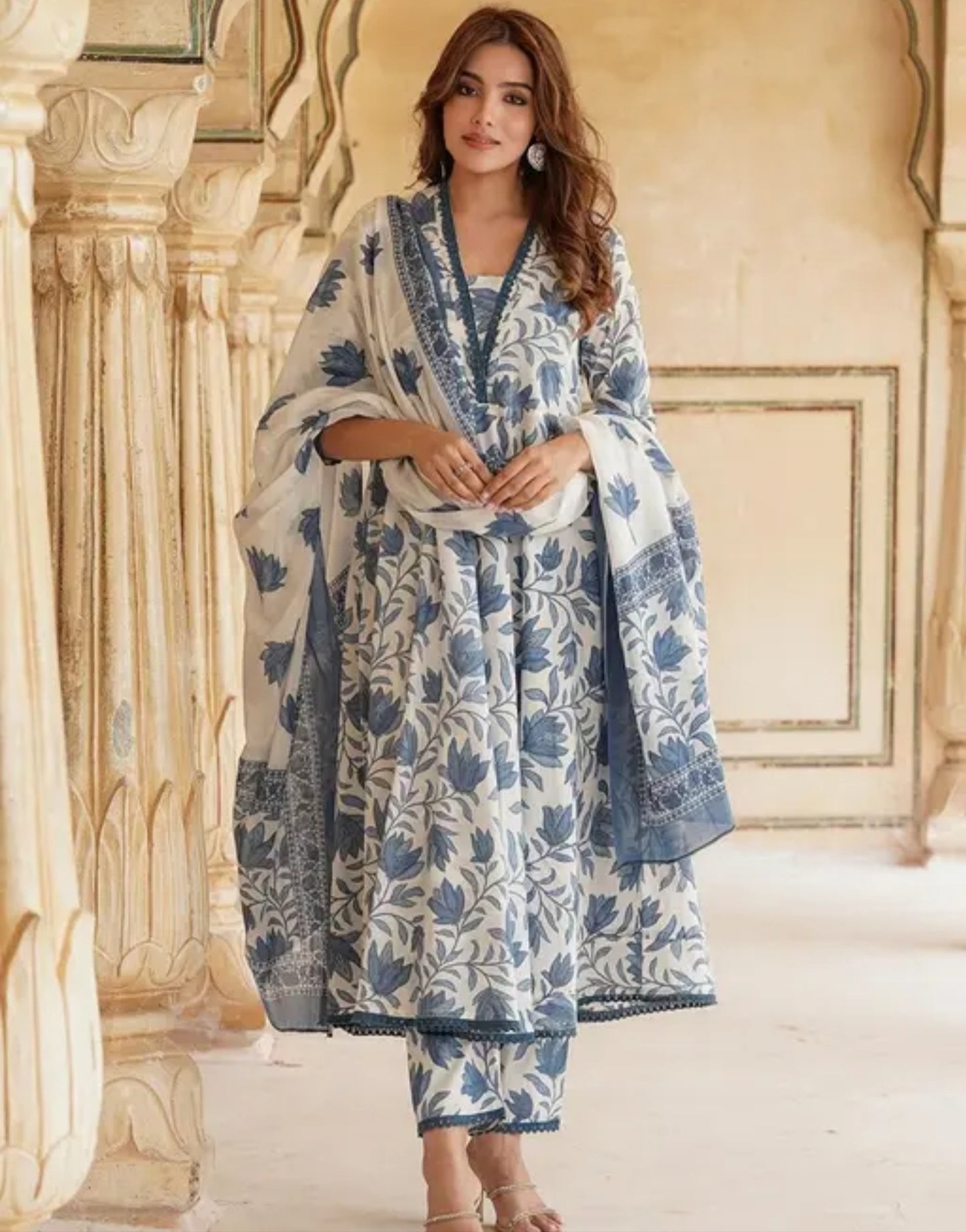 Women Printed Anarkali Kurta and Pant Set with Dupatta