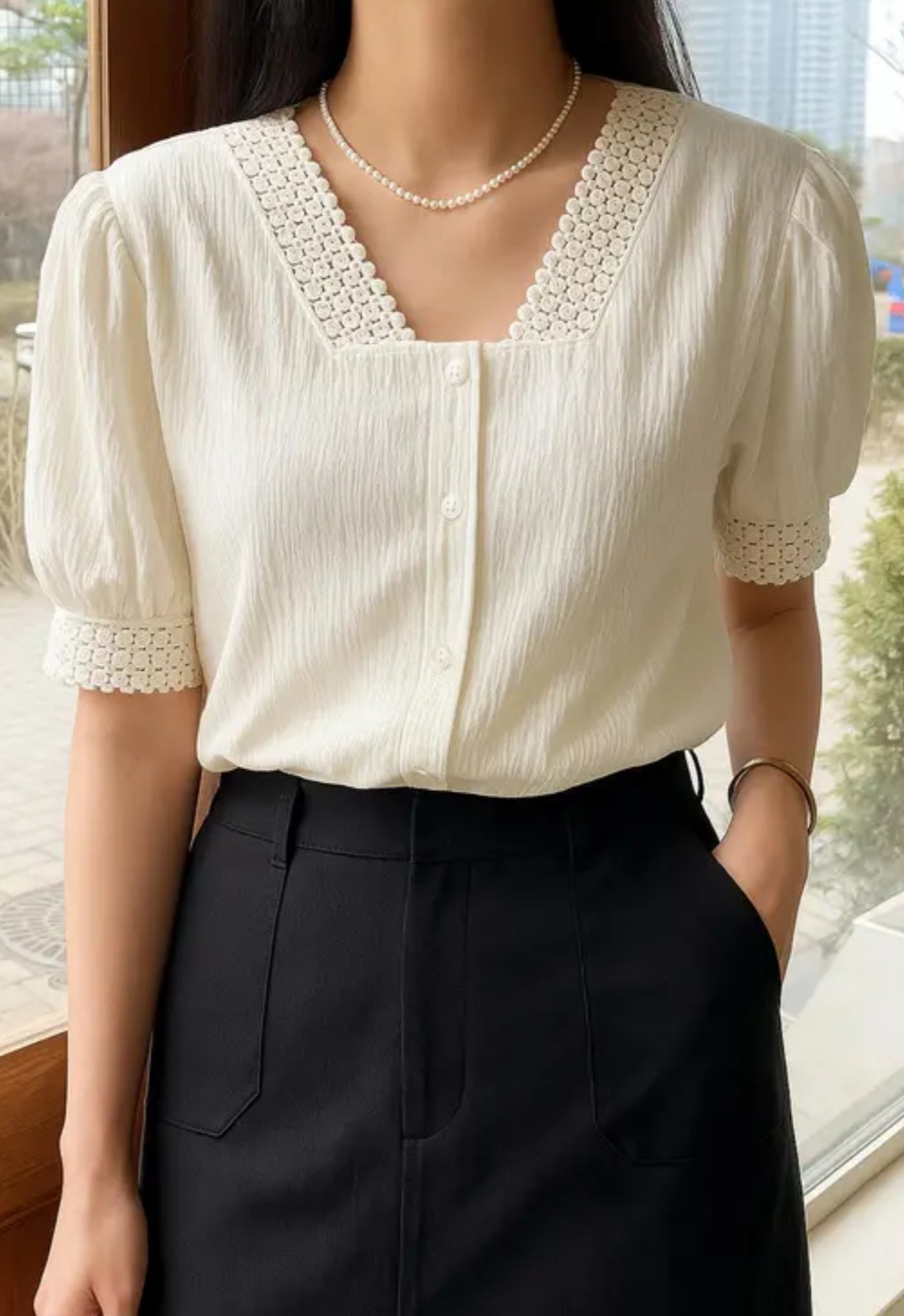 Women's Square Neck Short Sleeve White Top Solid Color Office Women's Slim Fit Top