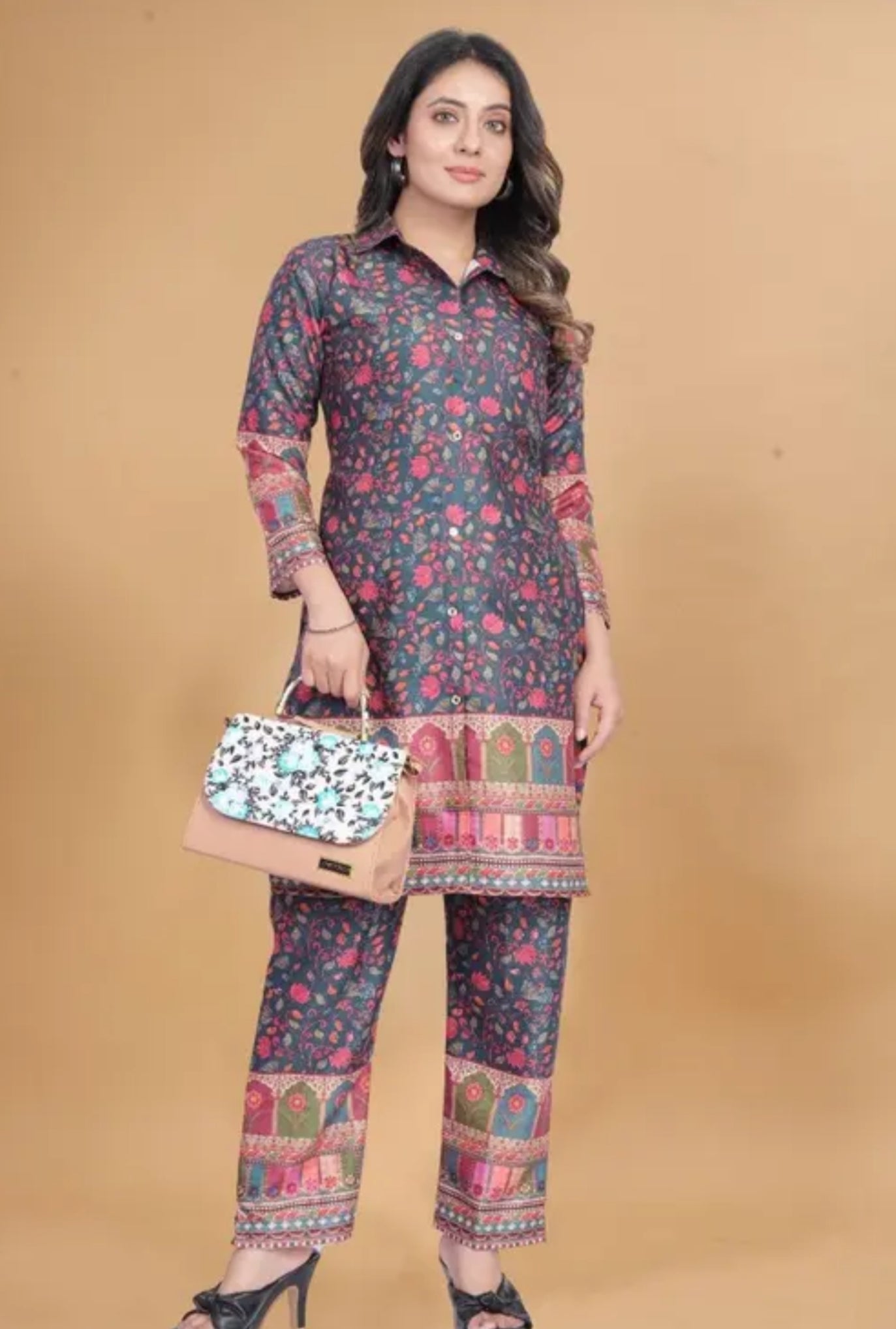 Shirt Collar Floral Printed Straight Kurta with Trouser for women