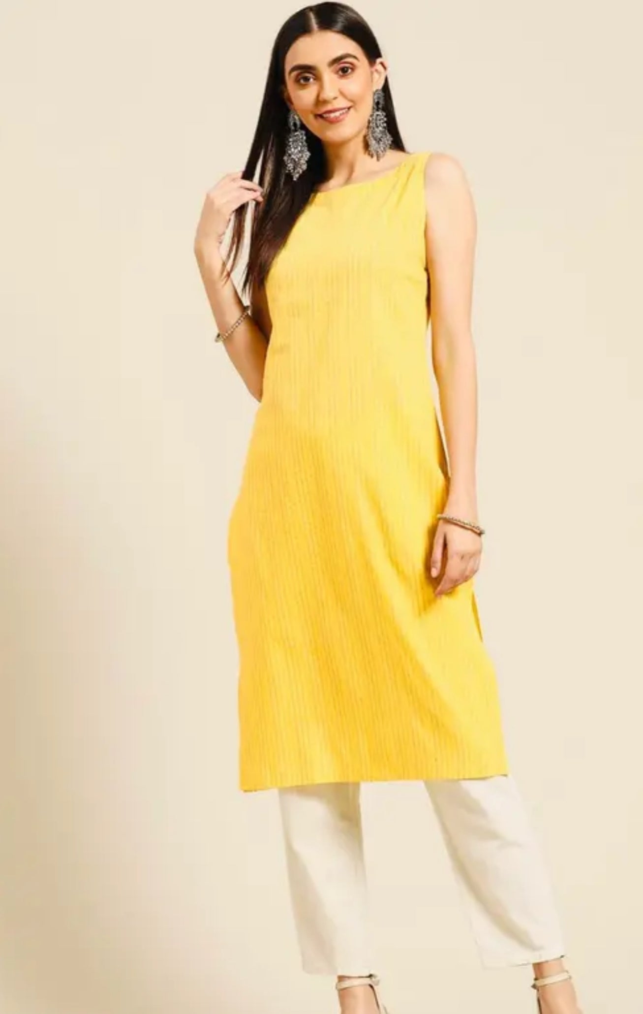 Women yellow Sleeveless cotton kurti