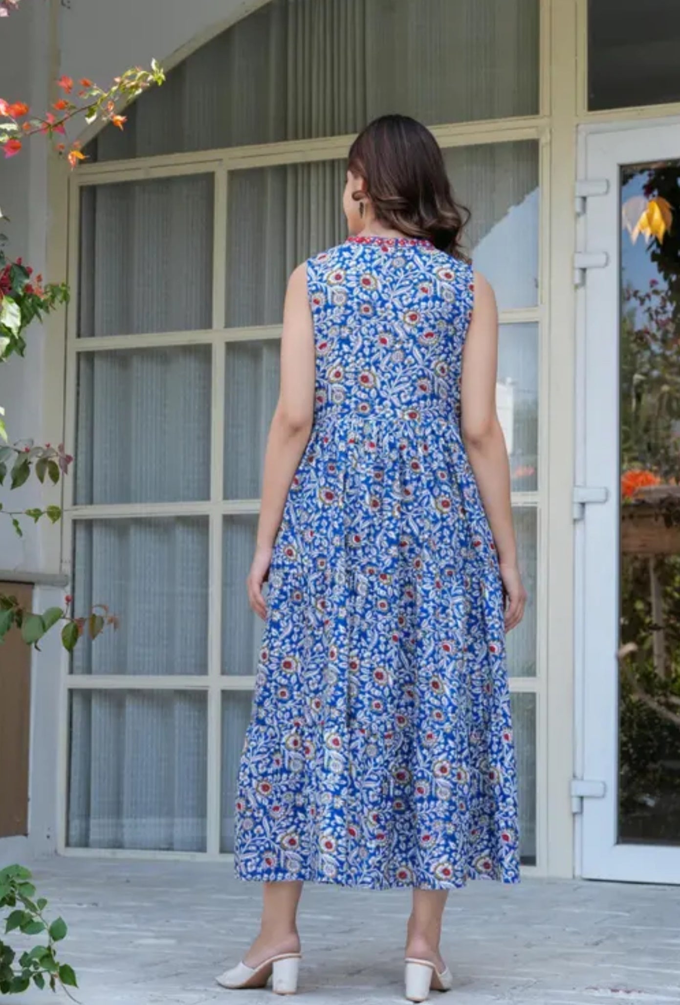 Women Cotton Blend Blue V Neck Printed Embroidery Sleeveless Full Length One Piece Western wear dress/Maxi dress /Gown dress