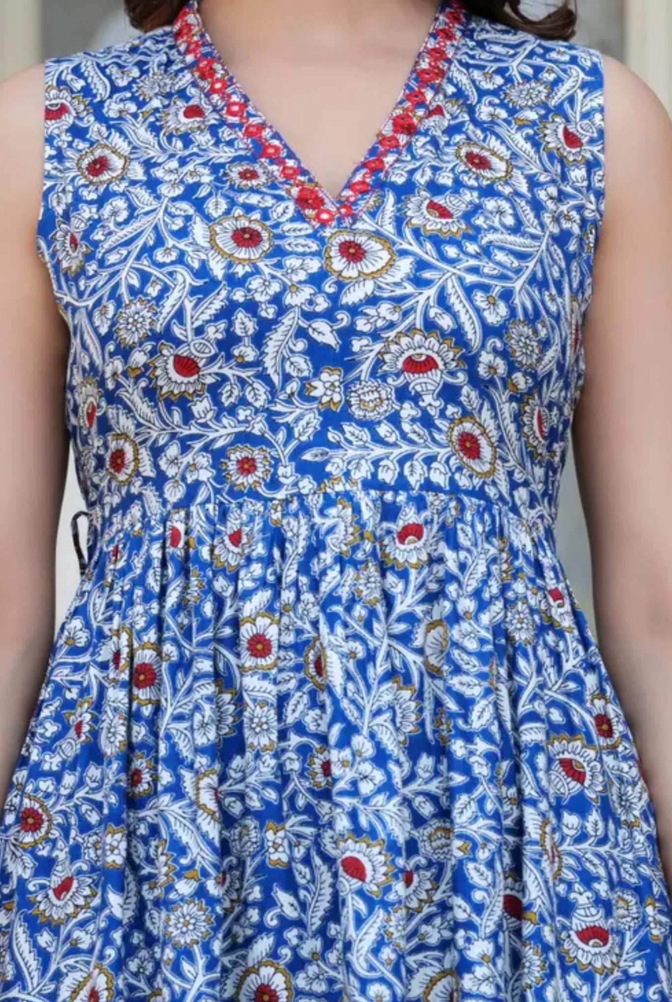 Women Cotton Blend Blue V Neck Printed Embroidery Sleeveless Full Length One Piece Western wear dress/Maxi dress /Gown dress