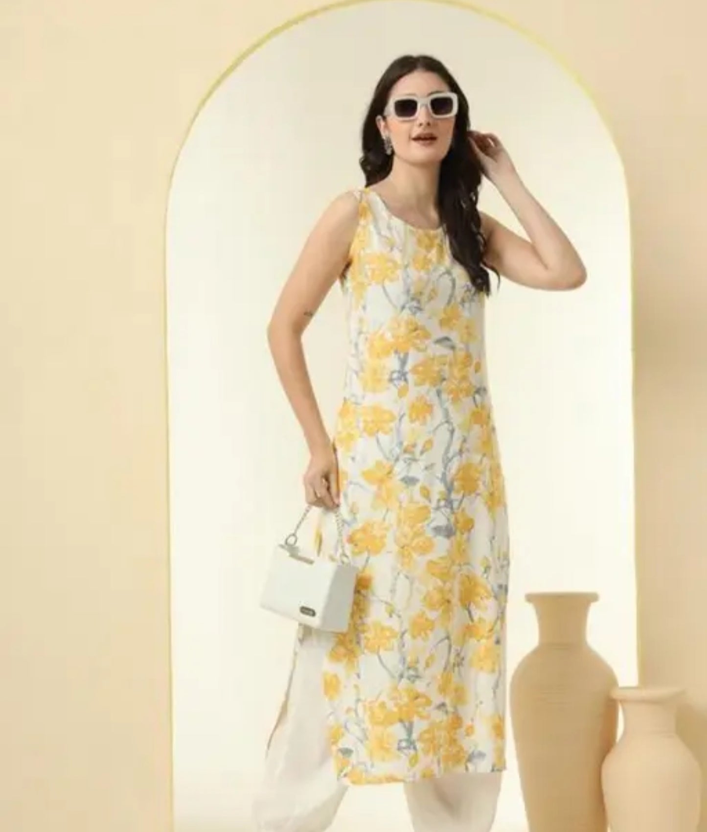 Women Printed Straight kurti, sleeveless straight long Kurti
