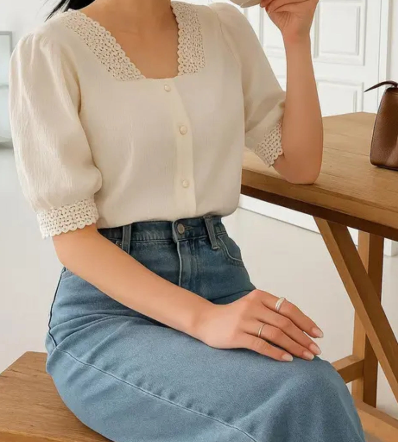 Women's Square Neck Short Sleeve White Top Solid Color Office Women's Slim Fit Top