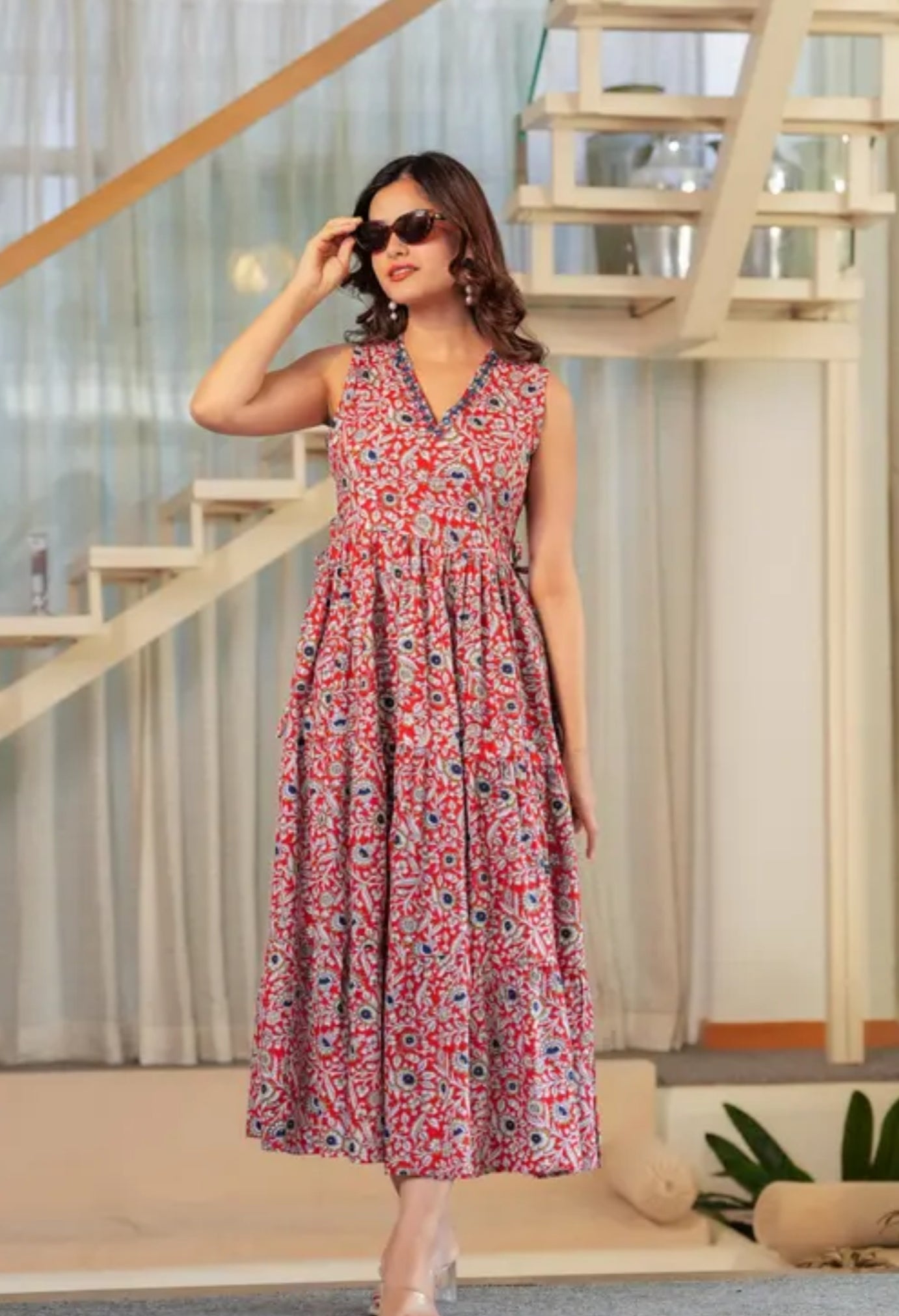 Women Cotton Blend V Neck Printed Embroidery Sleeveless Full Length One Piece Western wear dress/Maxi dress /Gown dress