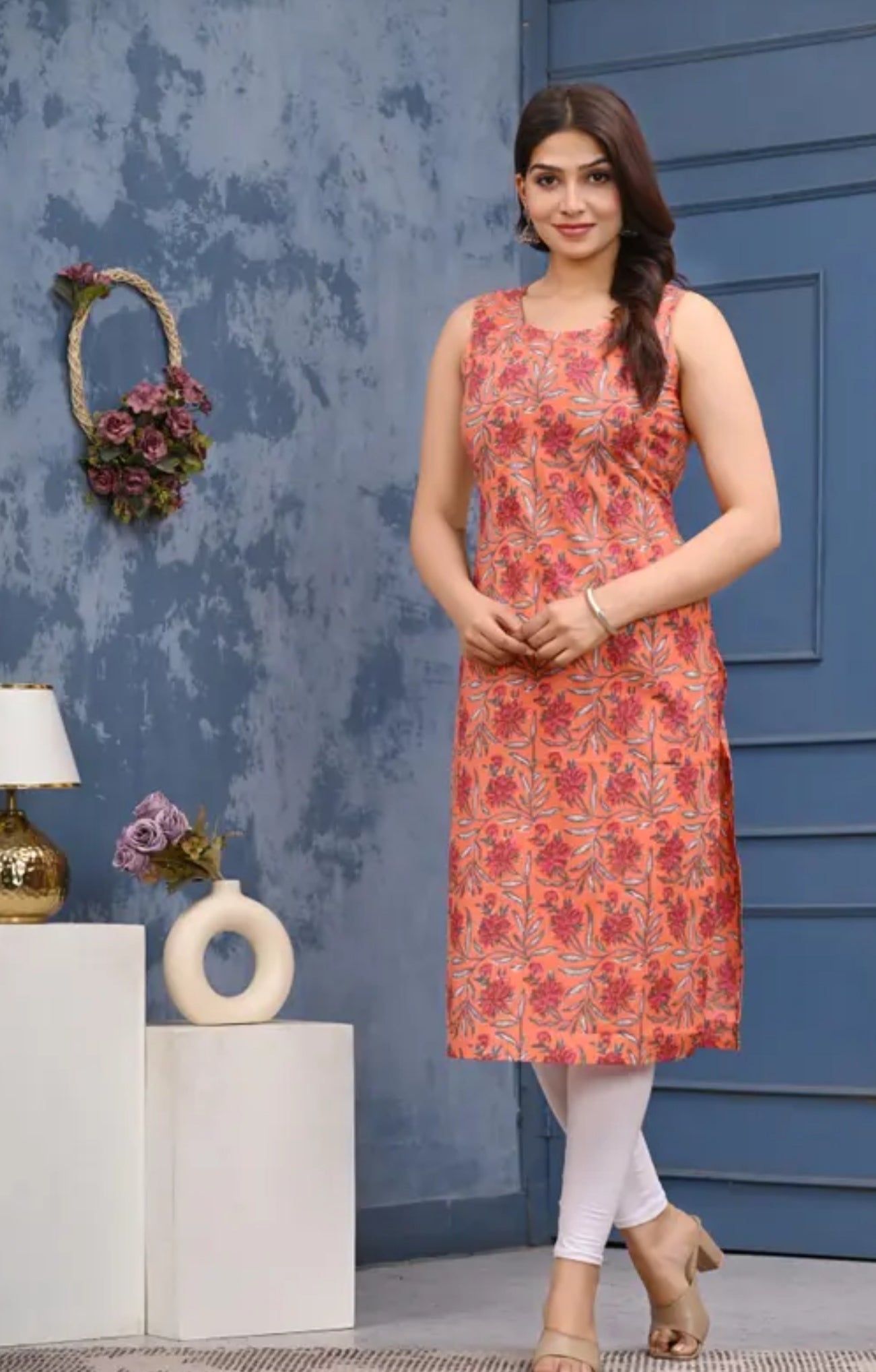 Women Beautiful printed cotton sleeveless kurti
