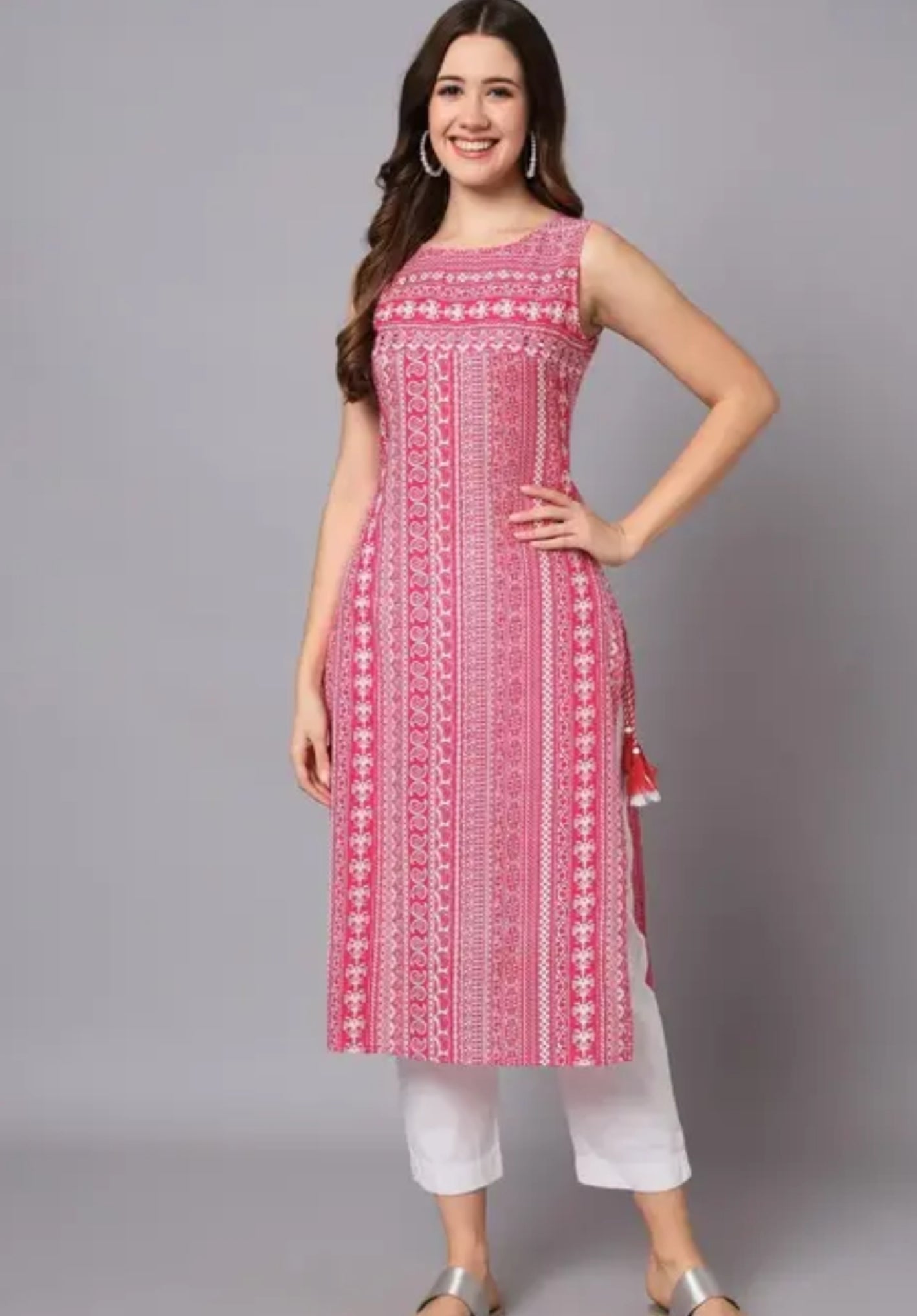 Women Rayon printed designer sleeveless jaipuri kurti