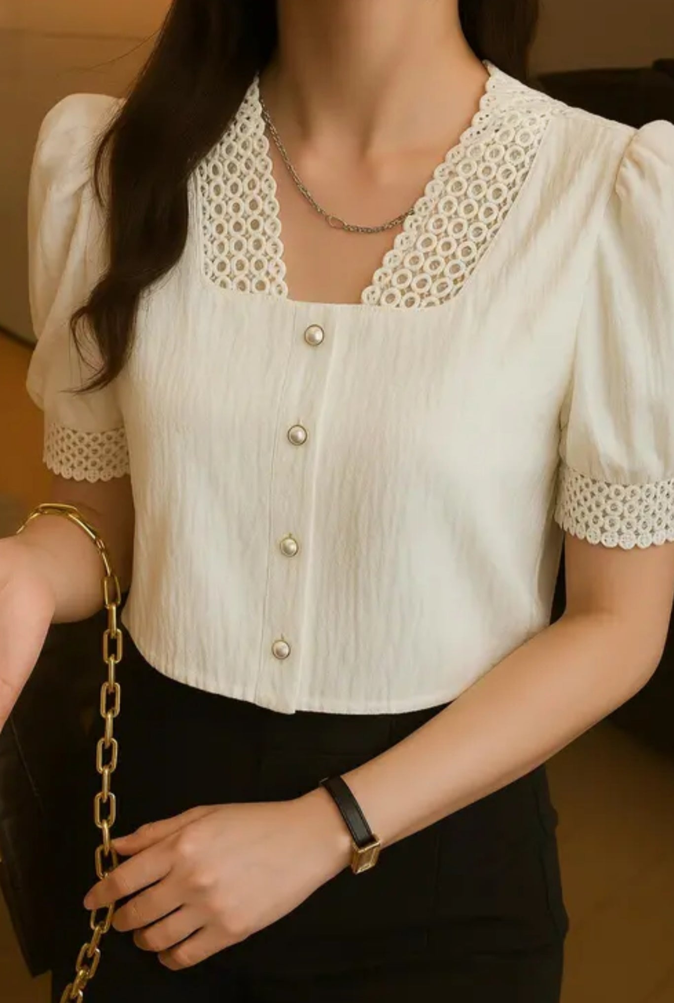 Women's Square Neck Short Sleeve White Top Solid Color Office Women's Slim Fit Top
