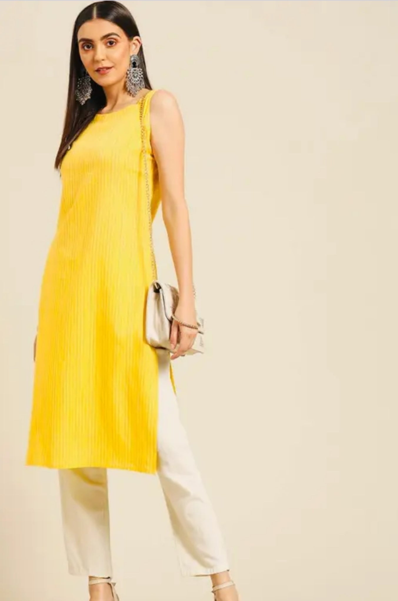 Women yellow Sleeveless cotton kurti