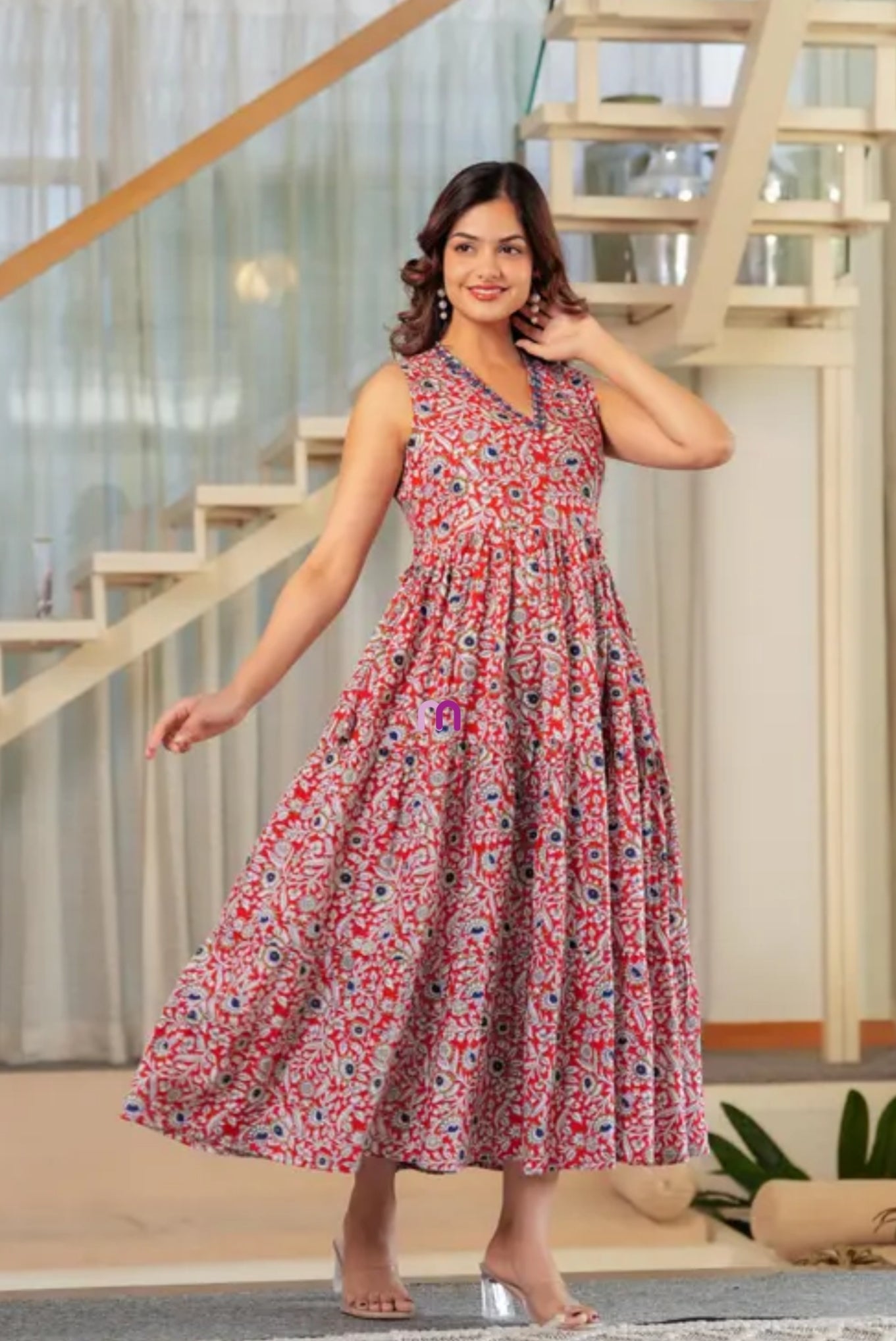 Women Cotton Blend V Neck Printed Embroidery Sleeveless Full Length One Piece Western wear dress/Maxi dress /Gown dress