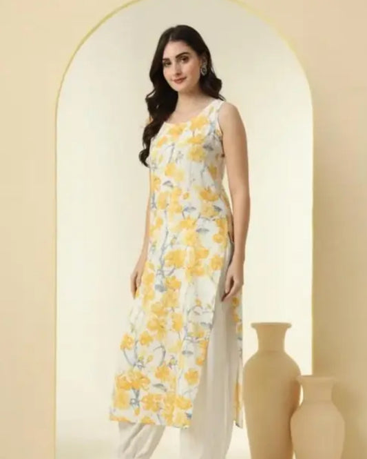 Women  Printed Straight kurti, sleeveless straight long Kurti