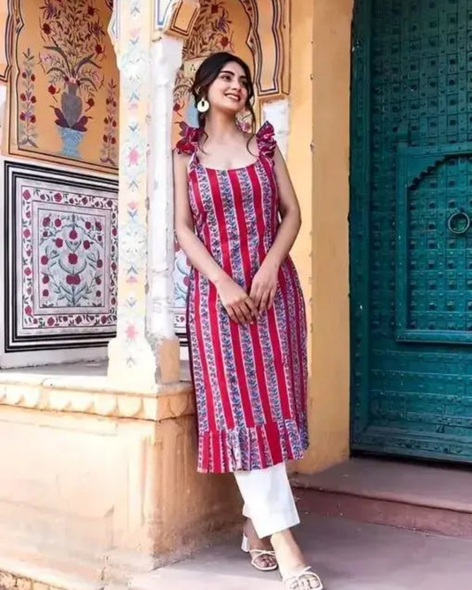 Trending Printed sleeveless Straight Kurti