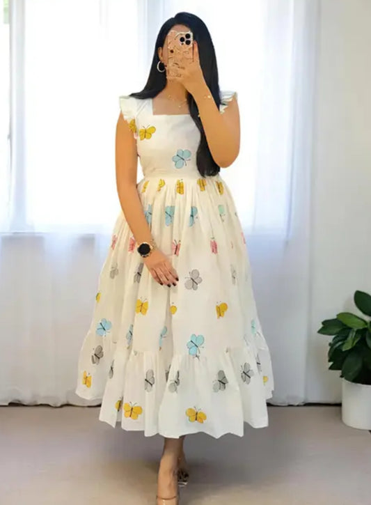 Western Printed Gown. White, Women Printed Kurti