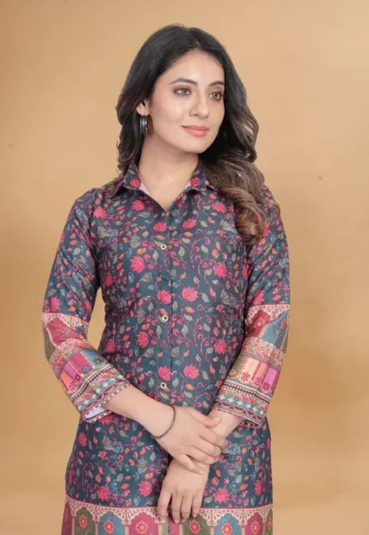 Shirt Collar Floral Printed Straight Kurta with Trouser for women