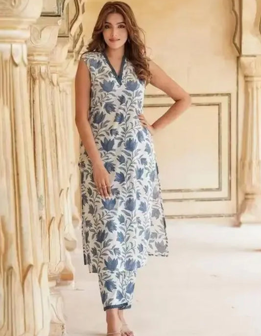 Women Blue Sleeveless Cotton kurti