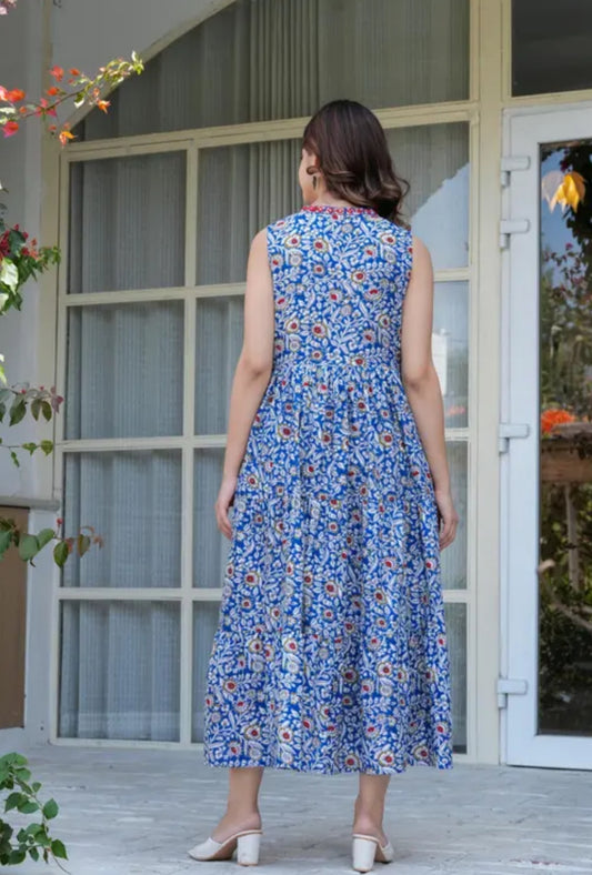 Women Cotton Blend Blue V Neck Printed Embroidery Sleeveless Full Length One Piece Western wear dress/Maxi dress /Gown dress
