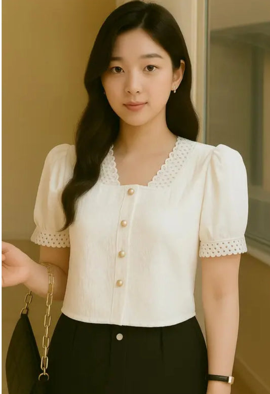 Women's Square Neck Short Sleeve White Top Solid Color Office Women's Slim Fit Top