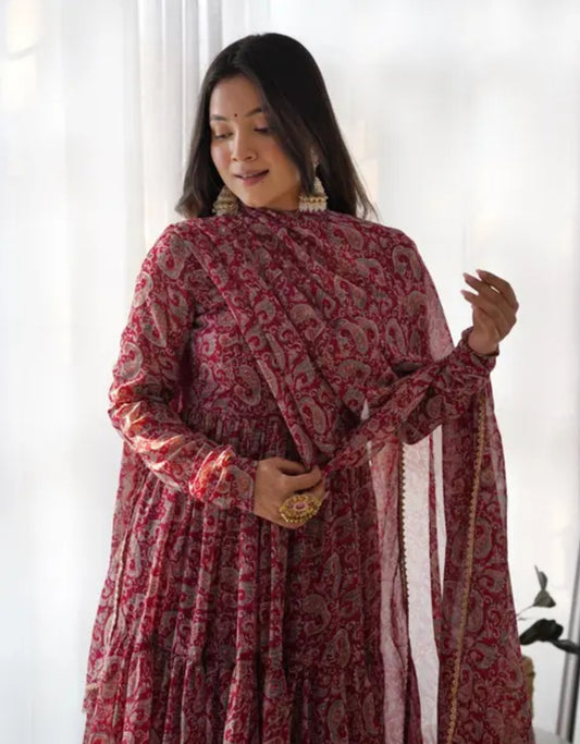 *Pure Soft Fox Georgette Kalamkari Print Fabric Fully Flair , Anarkali With Dupatta Set, Pent Ready To Wear*