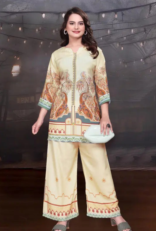 Printed Straight top bottom set & kurti Plazzo set Cream &  Multicolour