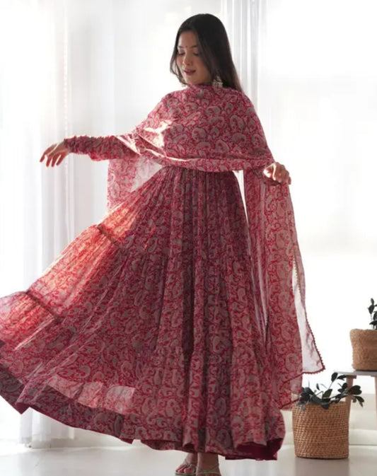 *Pure Soft Fox Georgette Kalamkari Print Fabric Fully Flair , Anarkali With Dupatta Set, Pent Ready To Wear*