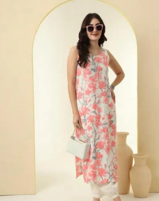 Women Cotton Printed Straight kurti, sleeveless straight long Kurti