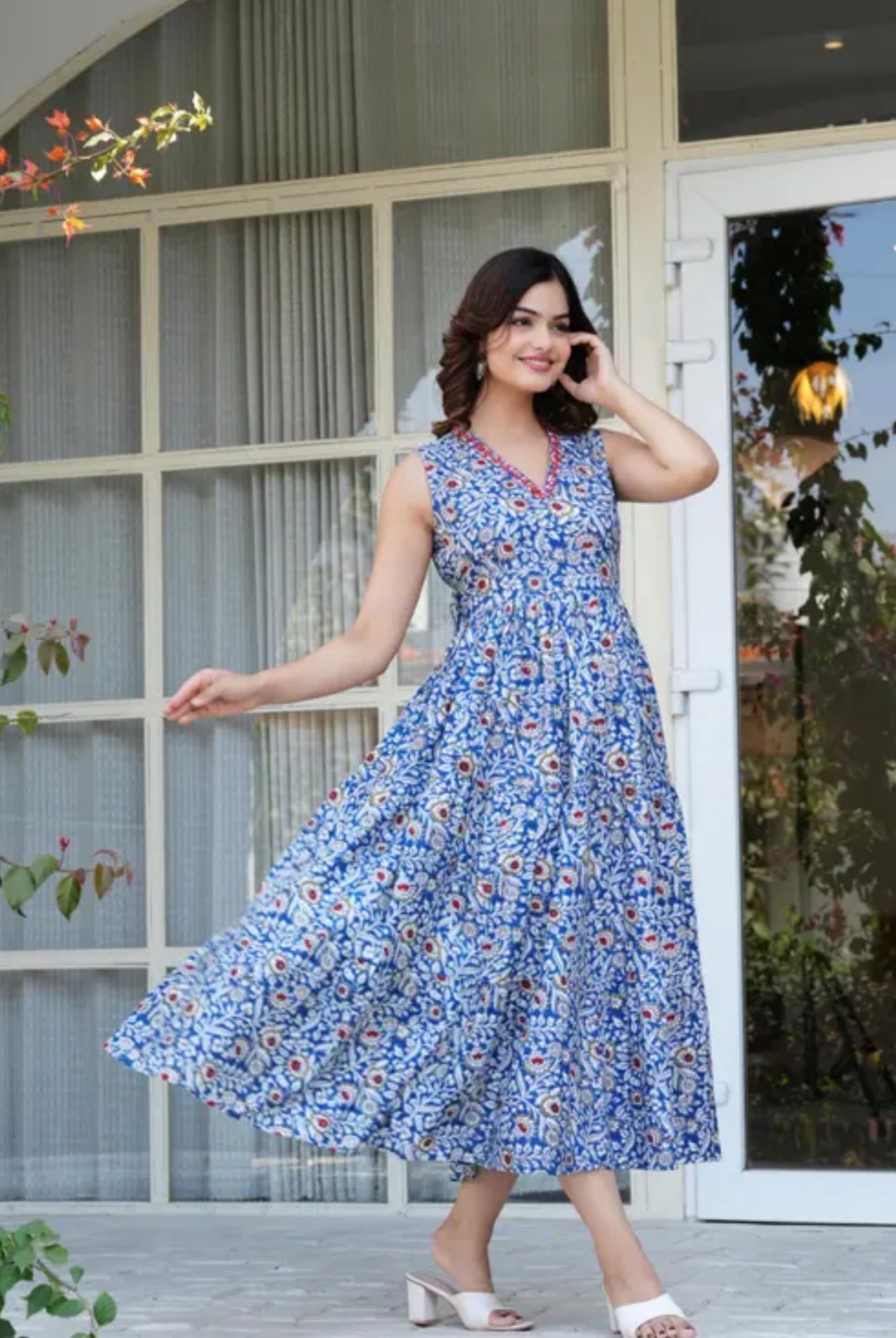 Women Cotton Blend Blue V Neck Printed Embroidery Sleeveless Full Length One Piece Western wear dress/Maxi dress /Gown dress