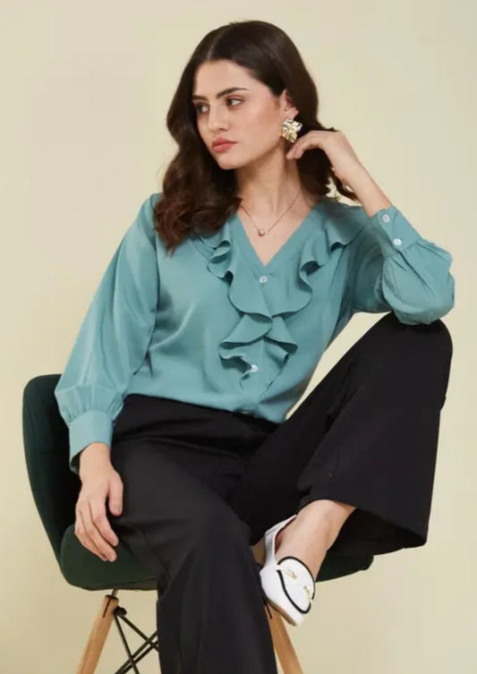 Women's Stylish Ruffled Solid Shirt