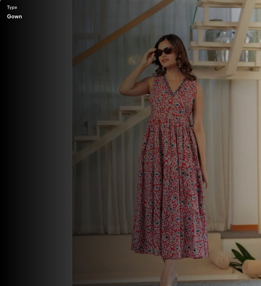 Women Cotton Blend  V Neck Printed Embroidery Sleeveless Full Length One Piece Western wear dress/Maxi dress /Gown dress
